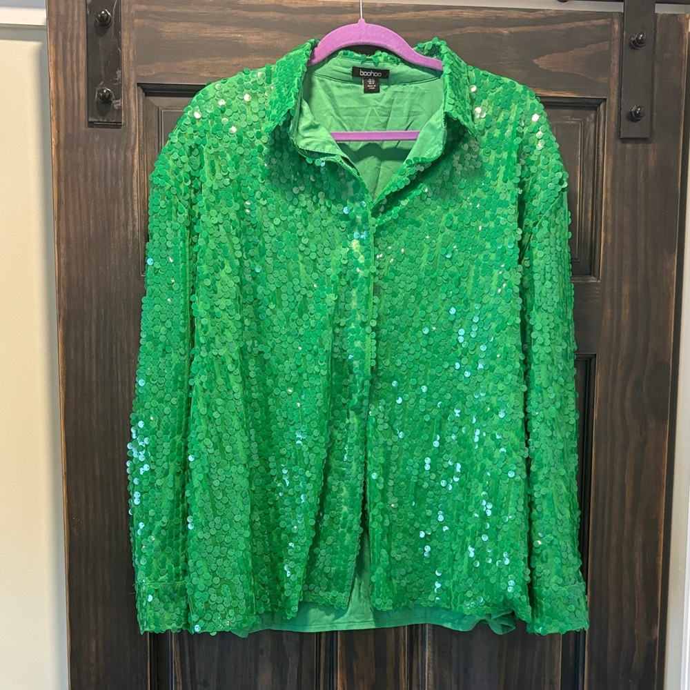 Green Sequin Women's Button Down Top
